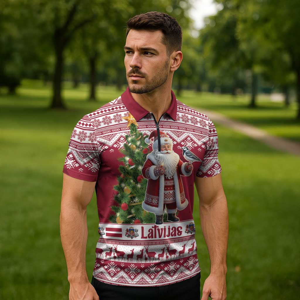 Latvia Christmas Zipper Polo Shirt Ziemassvetku Vecitis Christmas Pattern - Wonder Print Shop