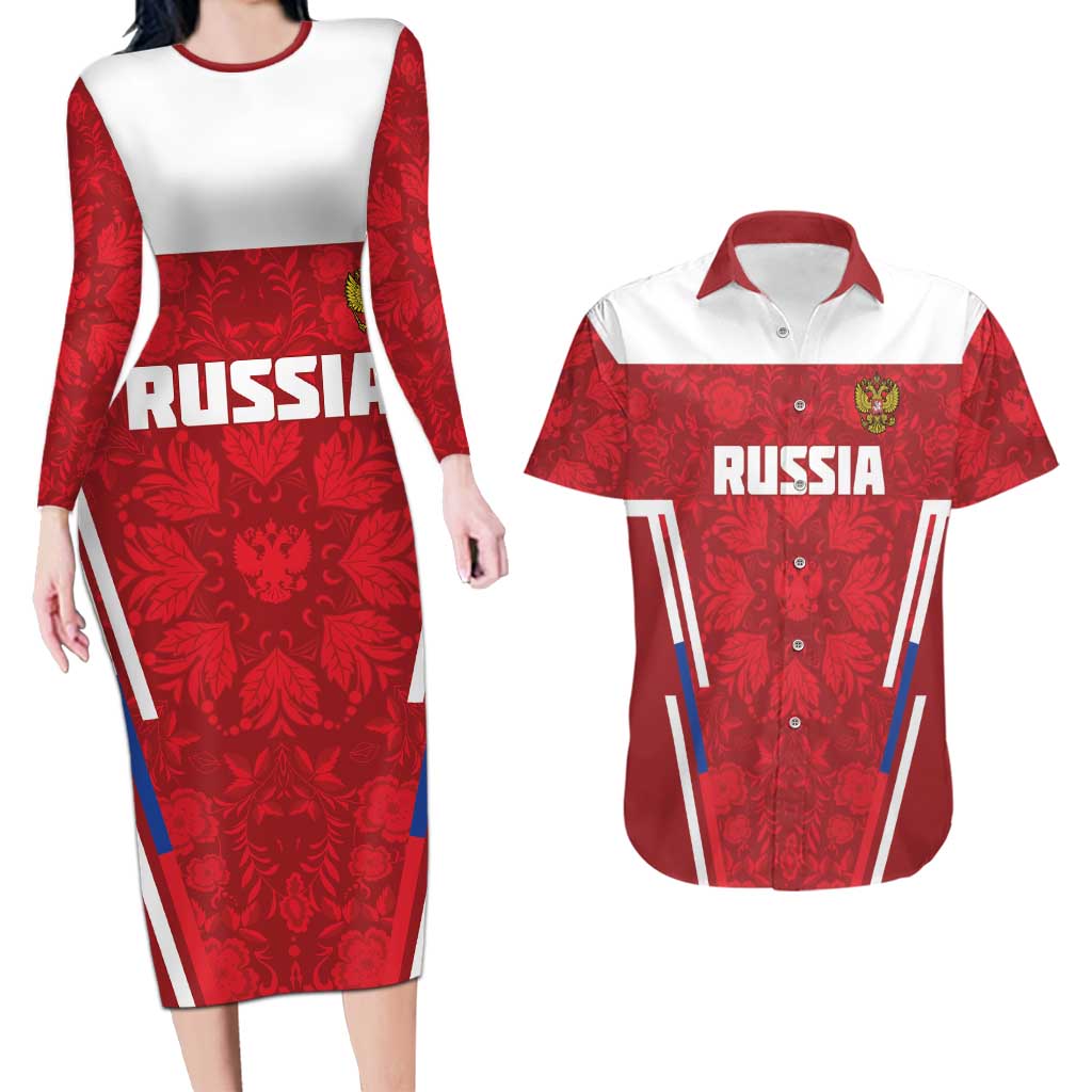 Custom Russia Football Couples Matching Long Sleeve Bodycon Dress and Hawaiian Shirt Red Eagle Spirit - Wonder Print Shop