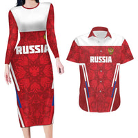 Custom Russia Football Couples Matching Long Sleeve Bodycon Dress and Hawaiian Shirt Red Eagle Spirit - Wonder Print Shop