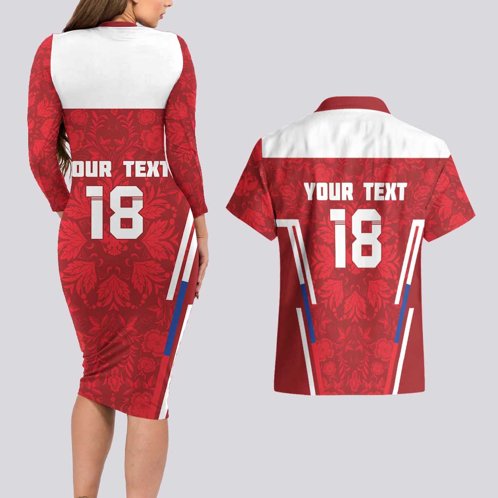 Custom Russia Football Couples Matching Long Sleeve Bodycon Dress and Hawaiian Shirt Red Eagle Spirit - Wonder Print Shop