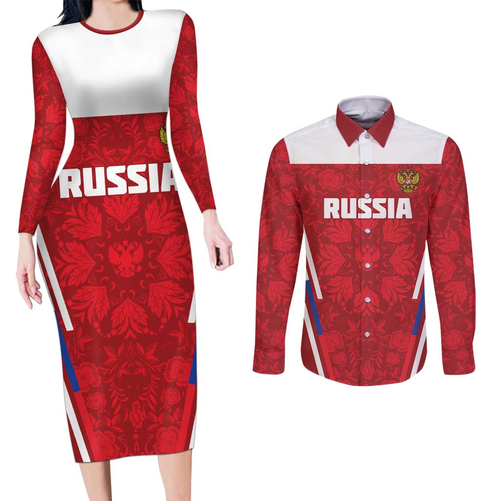 Custom Russia Football Couples Matching Long Sleeve Bodycon Dress and Long Sleeve Button Shirt Red Eagle Spirit - Wonder Print Shop