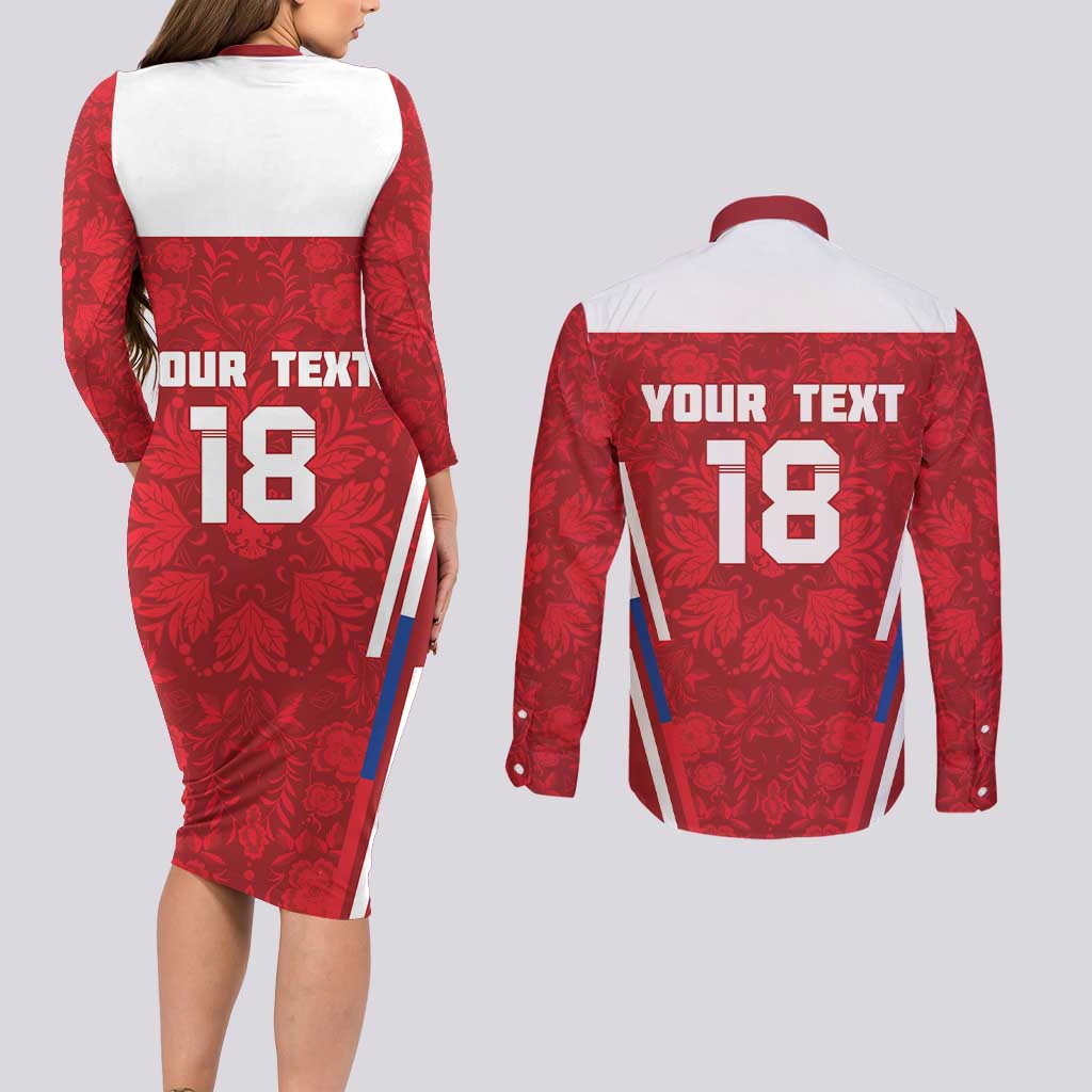 Custom Russia Football Couples Matching Long Sleeve Bodycon Dress and Long Sleeve Button Shirt Red Eagle Spirit - Wonder Print Shop