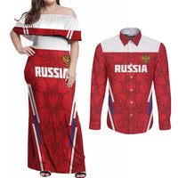 Custom Russia Football Couples Matching Off Shoulder Maxi Dress and Long Sleeve Button Shirt Red Eagle Spirit - Wonder Print Shop
