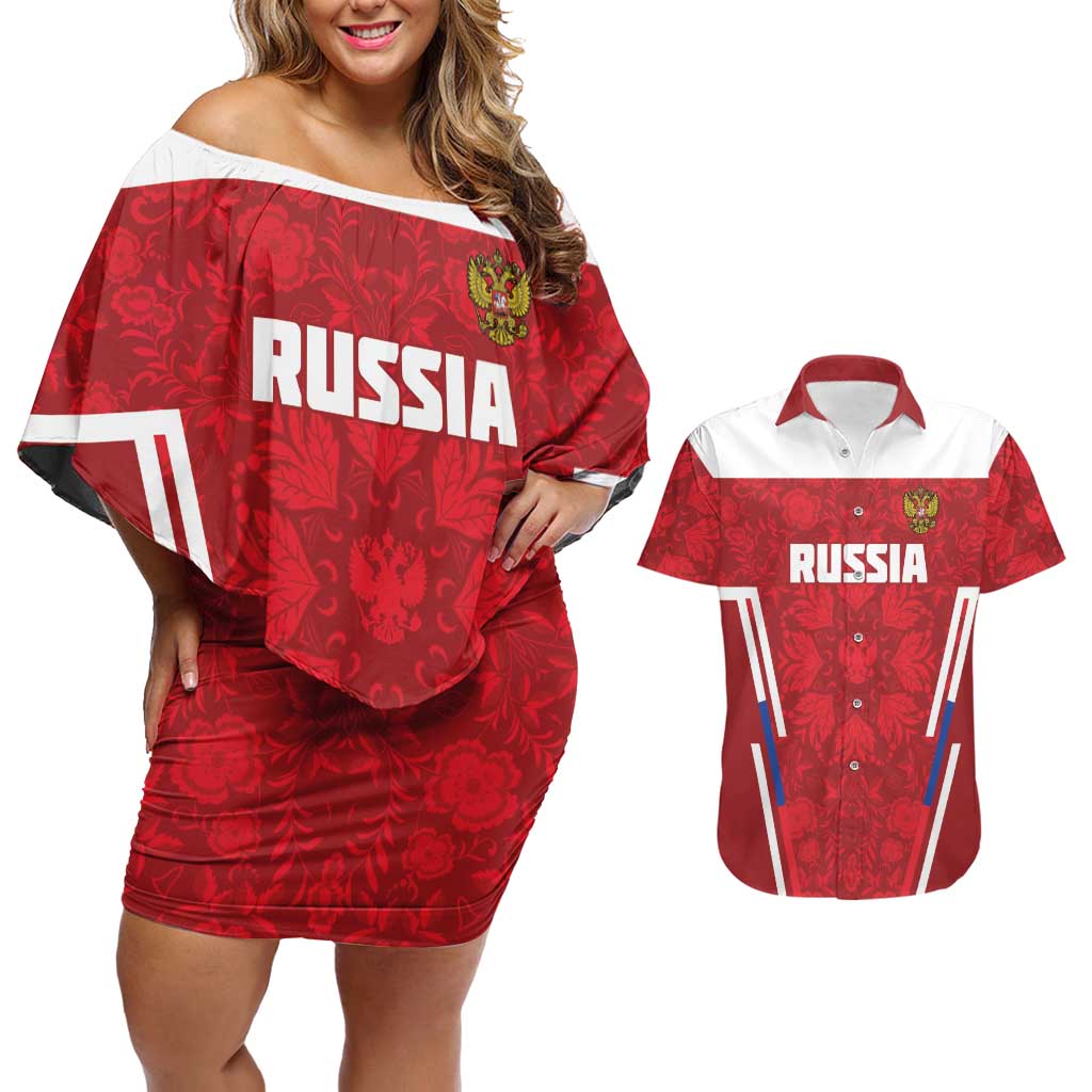 Custom Russia Football Couples Matching Off Shoulder Short Dress and Hawaiian Shirt Red Eagle Spirit - Wonder Print Shop