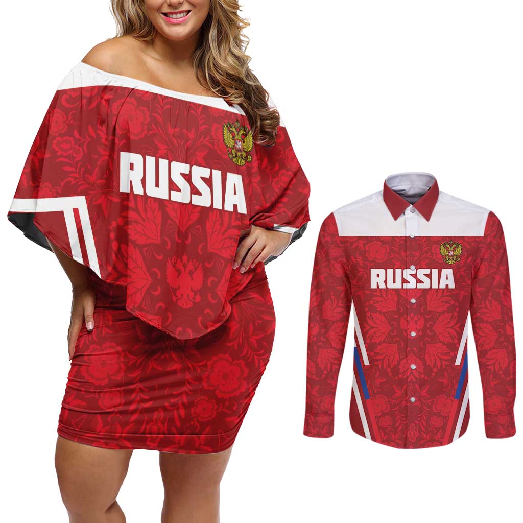 Custom Russia Football Couples Matching Off Shoulder Short Dress and Long Sleeve Button Shirt Red Eagle Spirit - Wonder Print Shop