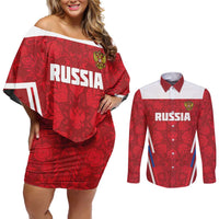 Custom Russia Football Couples Matching Off Shoulder Short Dress and Long Sleeve Button Shirt Red Eagle Spirit - Wonder Print Shop