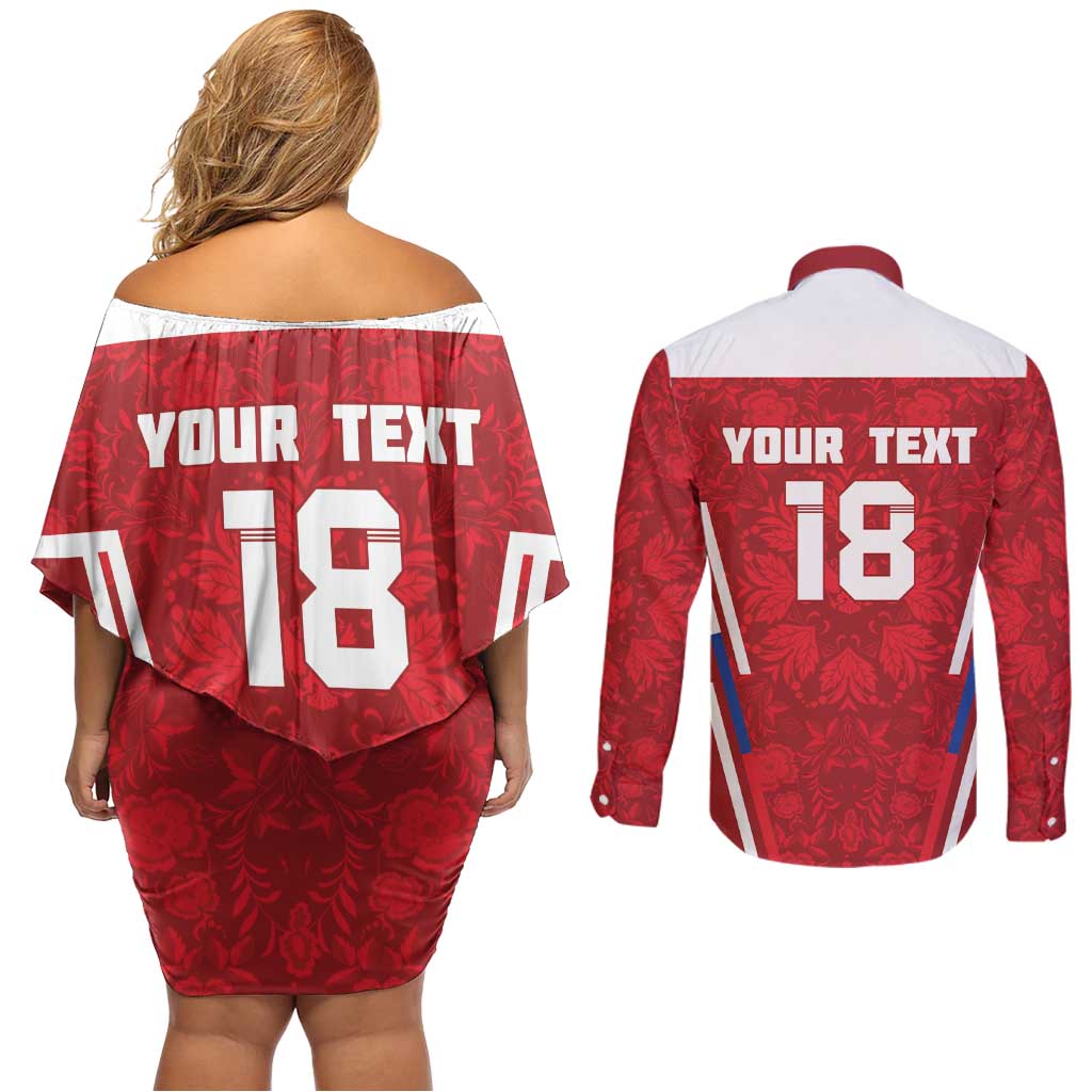 Custom Russia Football Couples Matching Off Shoulder Short Dress and Long Sleeve Button Shirt Red Eagle Spirit - Wonder Print Shop