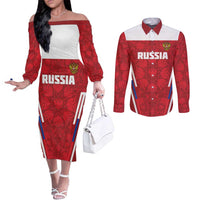 Custom Russia Football Couples Matching Off The Shoulder Long Sleeve Dress and Long Sleeve Button Shirt Red Eagle Spirit - Wonder Print Shop