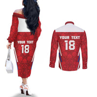 Custom Russia Football Couples Matching Off The Shoulder Long Sleeve Dress and Long Sleeve Button Shirt Red Eagle Spirit - Wonder Print Shop