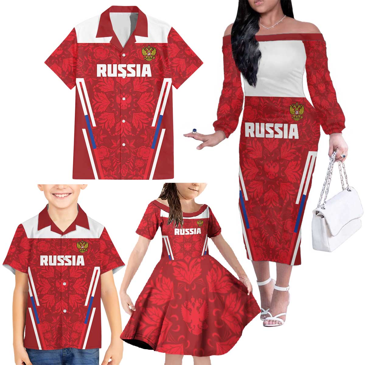 Custom Russia Football Family Matching Off The Shoulder Long Sleeve Dress and Hawaiian Shirt Red Eagle Spirit - Wonder Print Shop