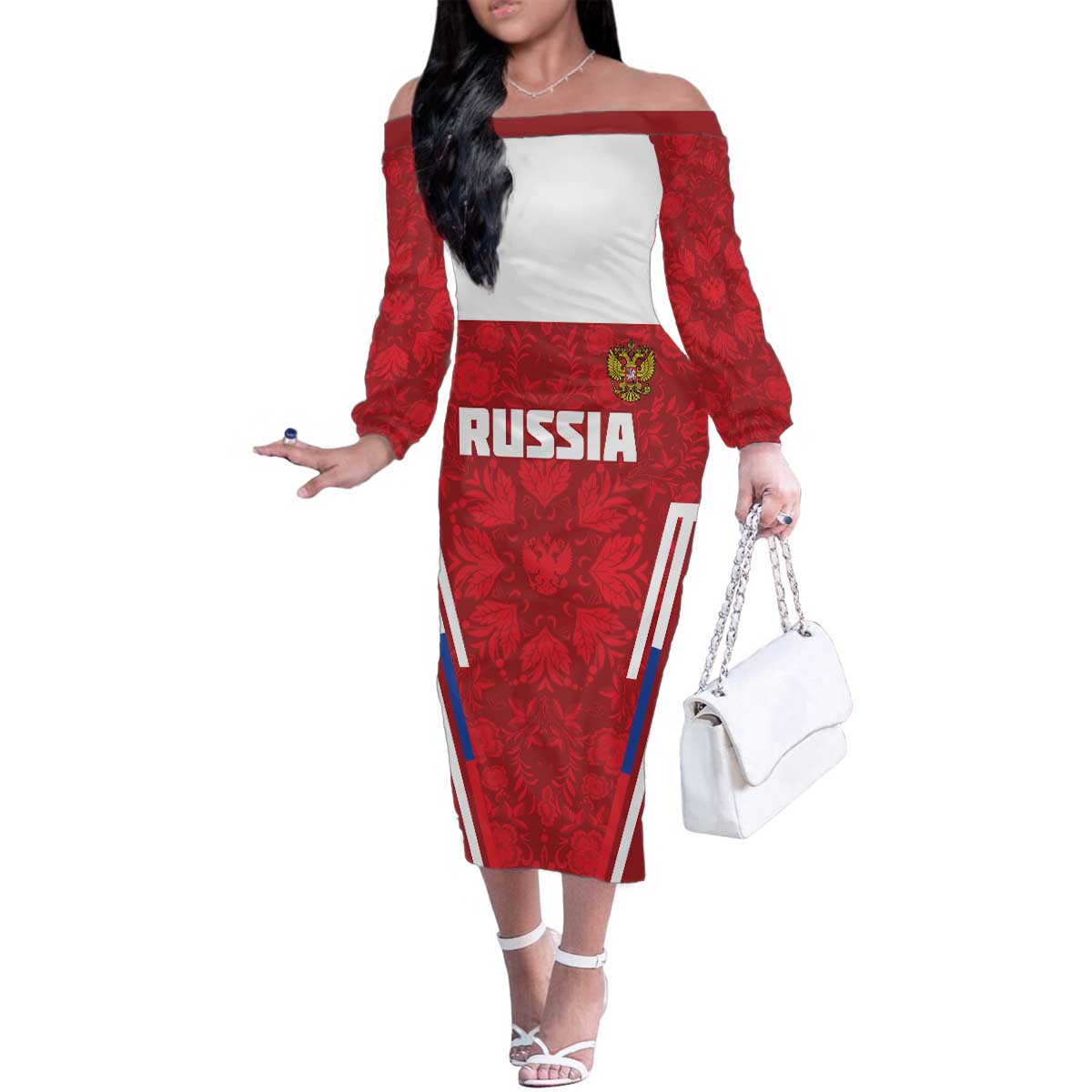 Custom Russia Football Family Matching Off The Shoulder Long Sleeve Dress and Hawaiian Shirt Red Eagle Spirit - Wonder Print Shop