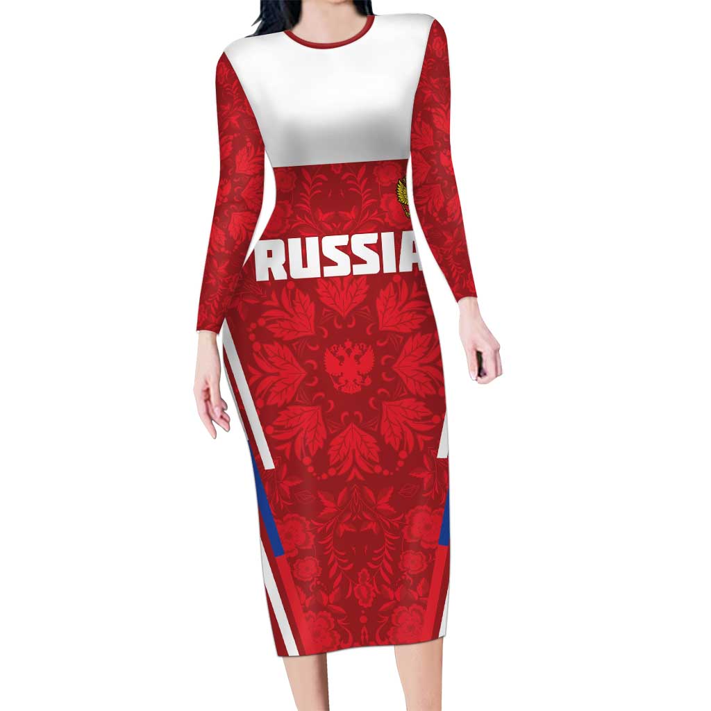 Custom Russia Football Long Sleeve Bodycon Dress Red Eagle Spirit - Wonder Print Shop