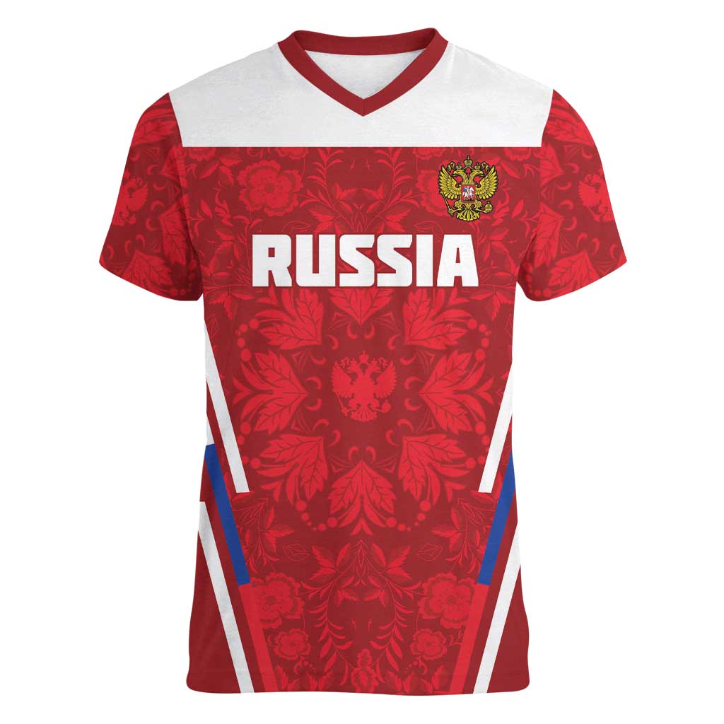 Custom Russia Football Women V-Neck T-Shirt Red Eagle Spirit - Wonder Print Shop