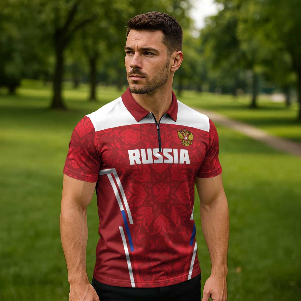 Custom Russia Football Zipper Polo Shirt Red Eagle Spirit - Wonder Print Shop