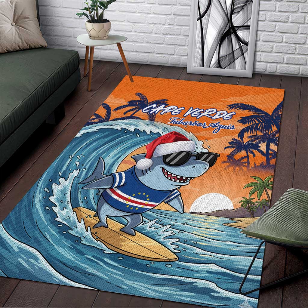 Cape Verde Christmas Area Rug Shark Surfing Holiday Beach Style - Wonder Print Shop