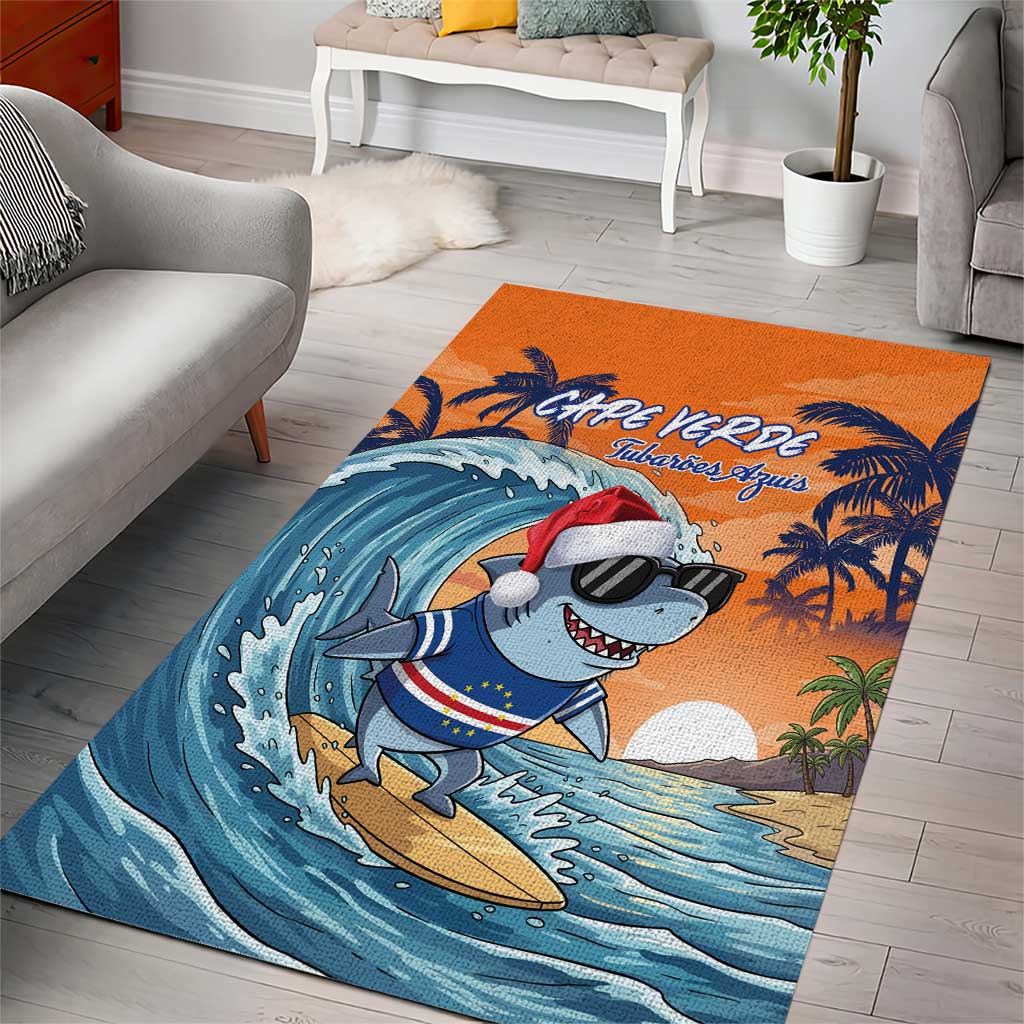 Cape Verde Christmas Area Rug Shark Surfing Holiday Beach Style - Wonder Print Shop