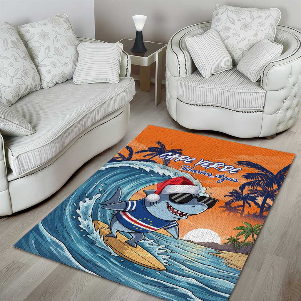 Cape Verde Christmas Area Rug Shark Surfing Holiday Beach Style - Wonder Print Shop
