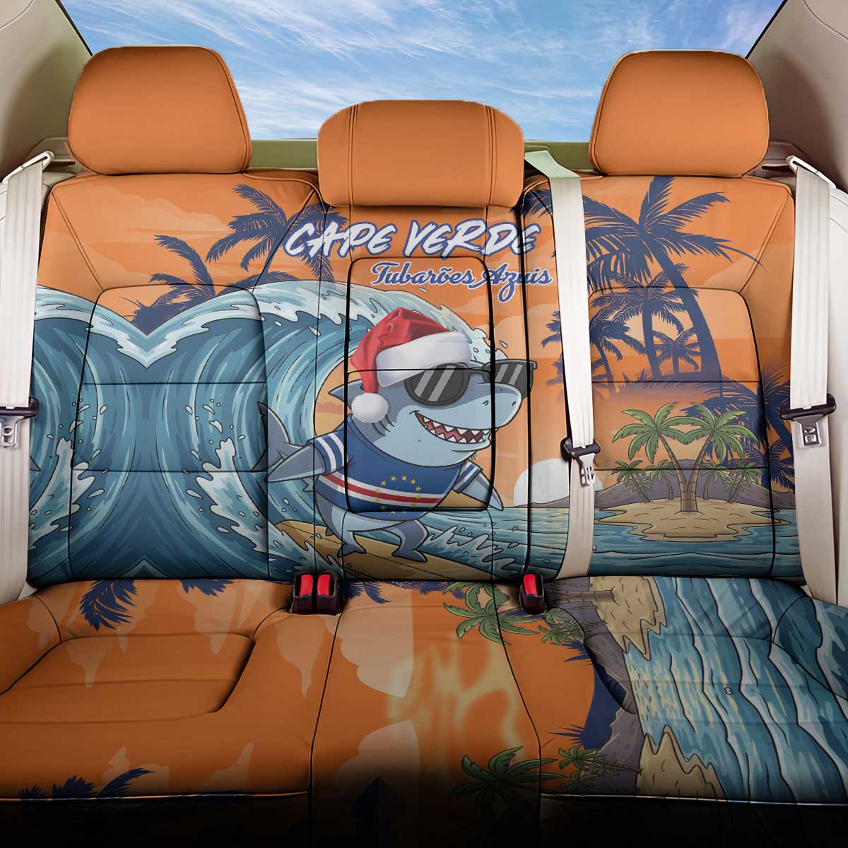 Cape Verde Christmas Back Car Seat Cover Shark Surfing Holiday Beach Style - Wonder Print Shop