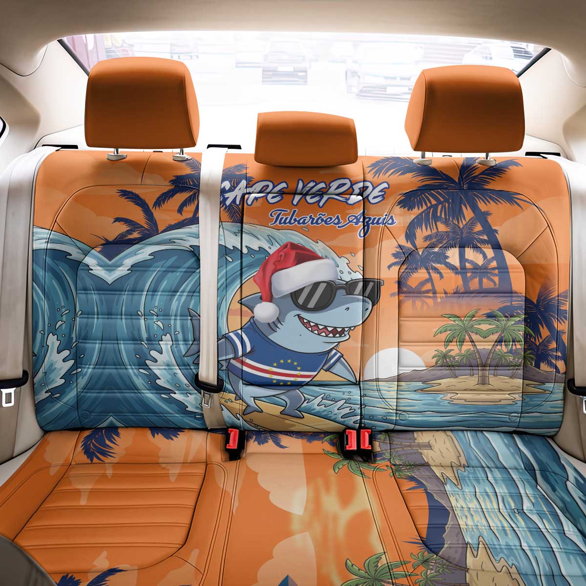 Cape Verde Christmas Back Car Seat Cover Shark Surfing Holiday Beach Style - Wonder Print Shop