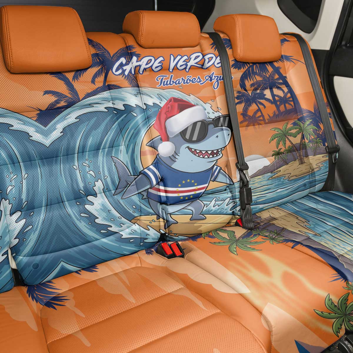 Cape Verde Christmas Back Car Seat Cover Shark Surfing Holiday Beach Style - Wonder Print Shop