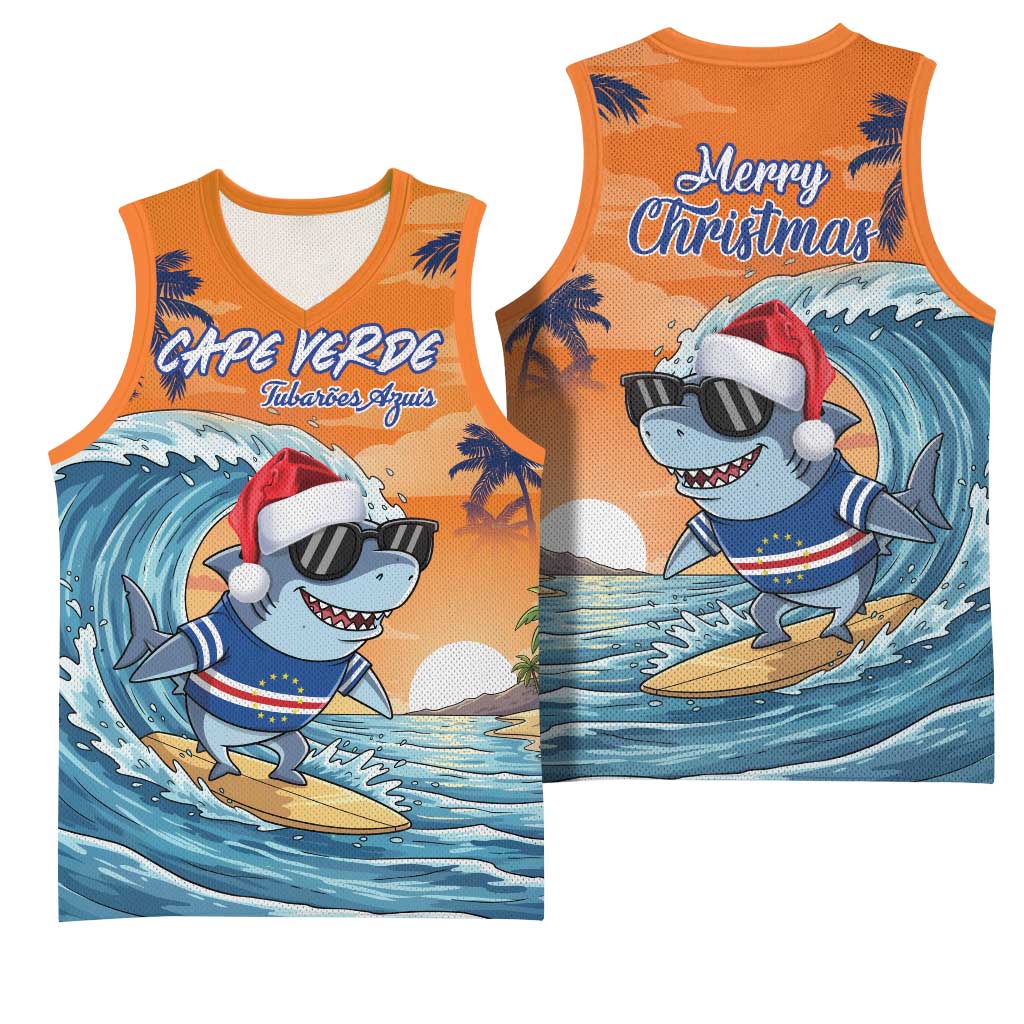 Cape Verde Christmas Basketball Jersey Shark Surfing Holiday Beach Style - Wonder Print Shop