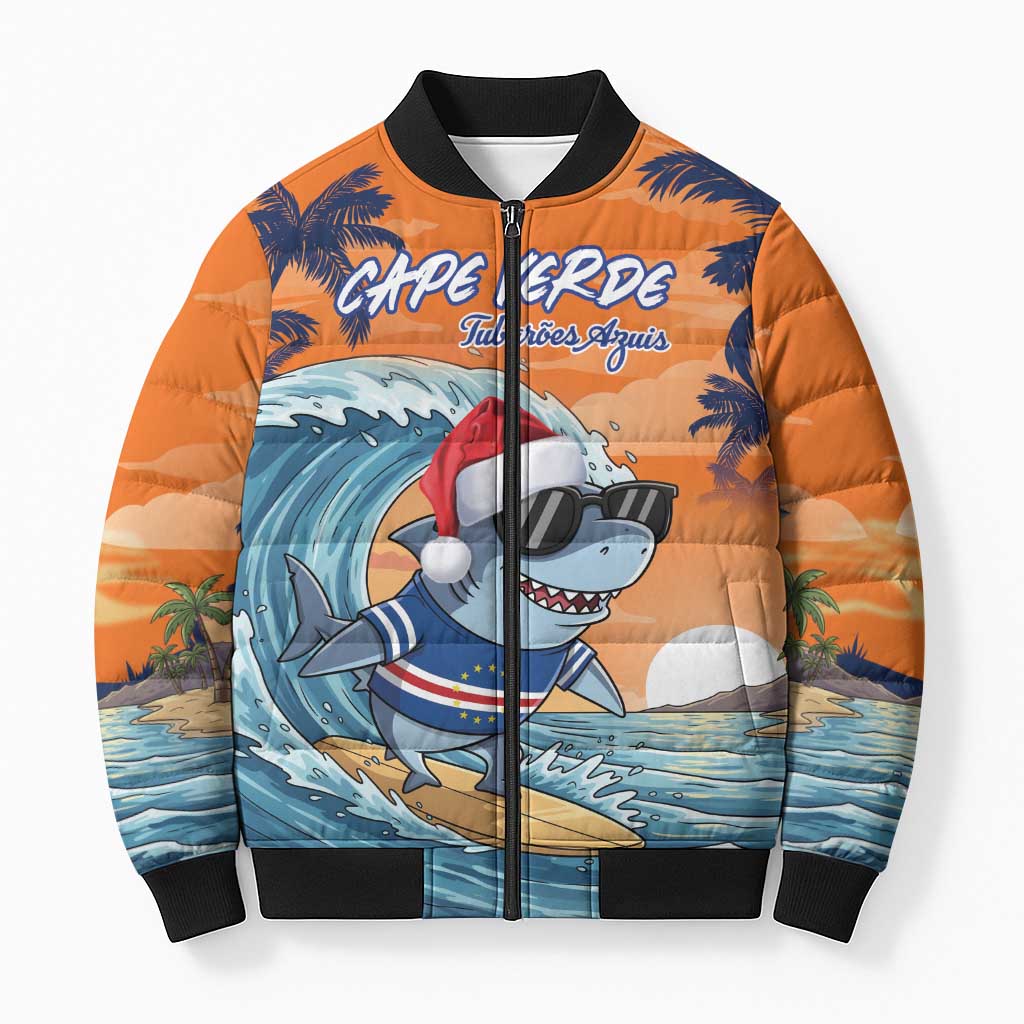 Cape Verde Christmas Bomber Puffer Jacket Shark Surfing Holiday Beach Style - Wonder Print Shop