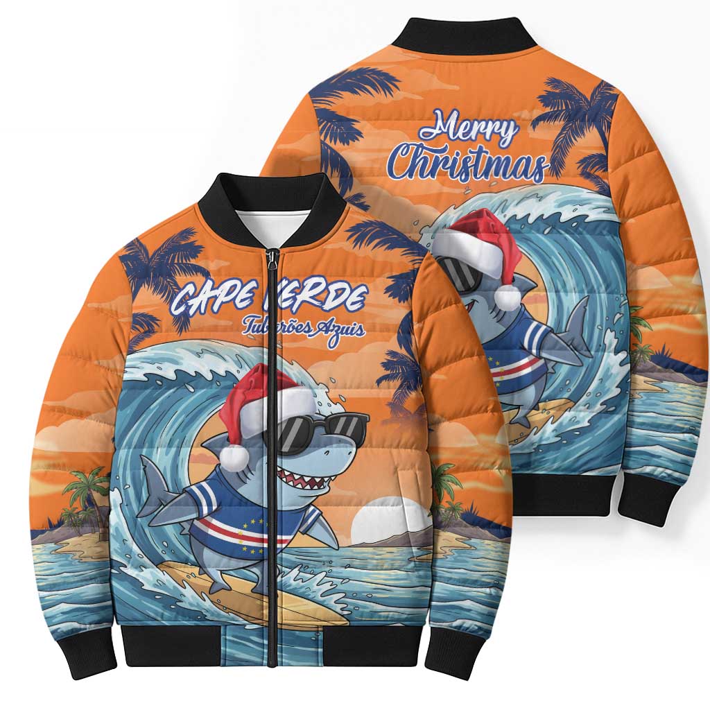 Cape Verde Christmas Bomber Puffer Jacket Shark Surfing Holiday Beach Style - Wonder Print Shop