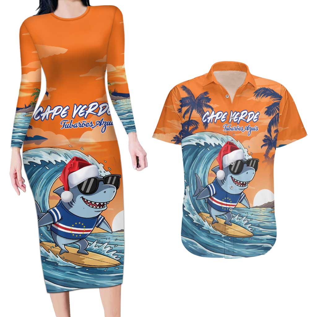 Cape Verde Christmas Couples Matching Long Sleeve Bodycon Dress and Hawaiian Shirt Shark Surfing Holiday Beach Style - Wonder Print Shop