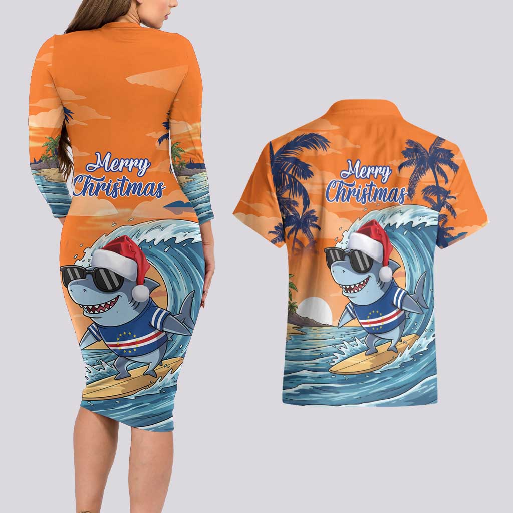 Cape Verde Christmas Couples Matching Long Sleeve Bodycon Dress and Hawaiian Shirt Shark Surfing Holiday Beach Style - Wonder Print Shop