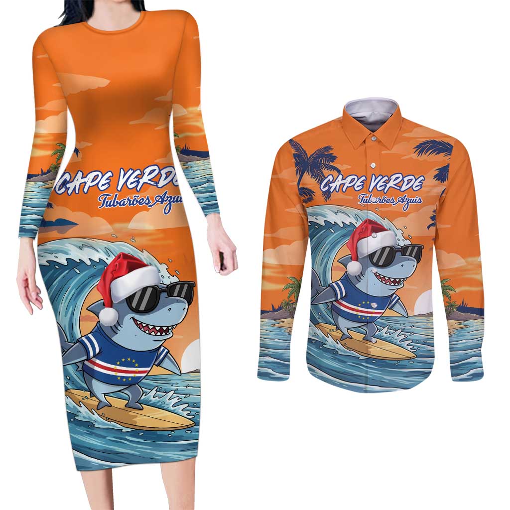 Cape Verde Christmas Couples Matching Long Sleeve Bodycon Dress and Long Sleeve Button Shirt Shark Surfing Holiday Beach Style - Wonder Print Shop