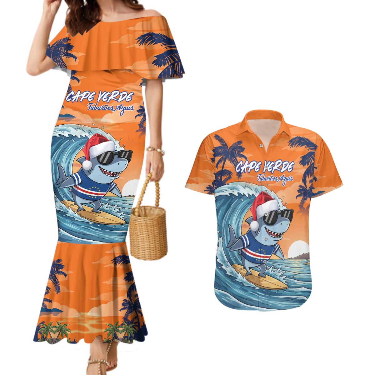 Cape Verde Christmas Couples Matching Mermaid Dress and Hawaiian Shirt Shark Surfing Holiday Beach Style - Wonder Print Shop