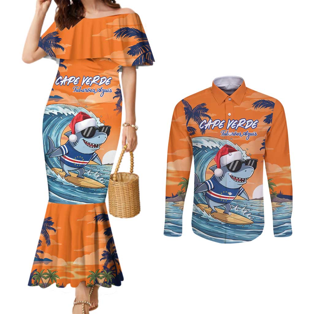 Cape Verde Christmas Couples Matching Mermaid Dress and Long Sleeve Button Shirt Shark Surfing Holiday Beach Style - Wonder Print Shop