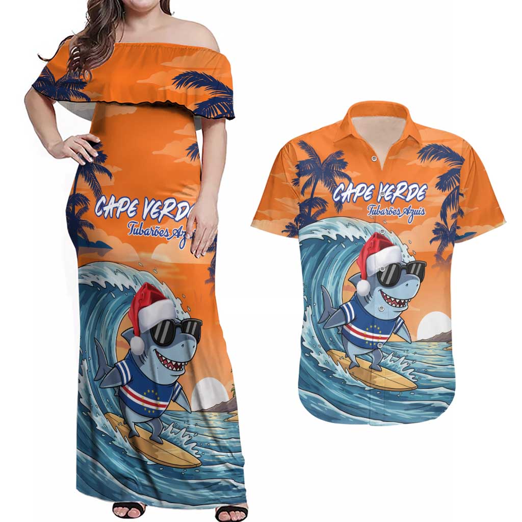 Cape Verde Christmas Couples Matching Off Shoulder Maxi Dress and Hawaiian Shirt Shark Surfing Holiday Beach Style - Wonder Print Shop