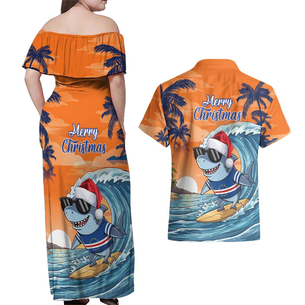 Cape Verde Christmas Couples Matching Off Shoulder Maxi Dress and Hawaiian Shirt Shark Surfing Holiday Beach Style - Wonder Print Shop