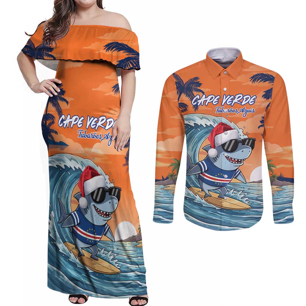 Cape Verde Christmas Couples Matching Off Shoulder Maxi Dress and Long Sleeve Button Shirt Shark Surfing Holiday Beach Style - Wonder Print Shop