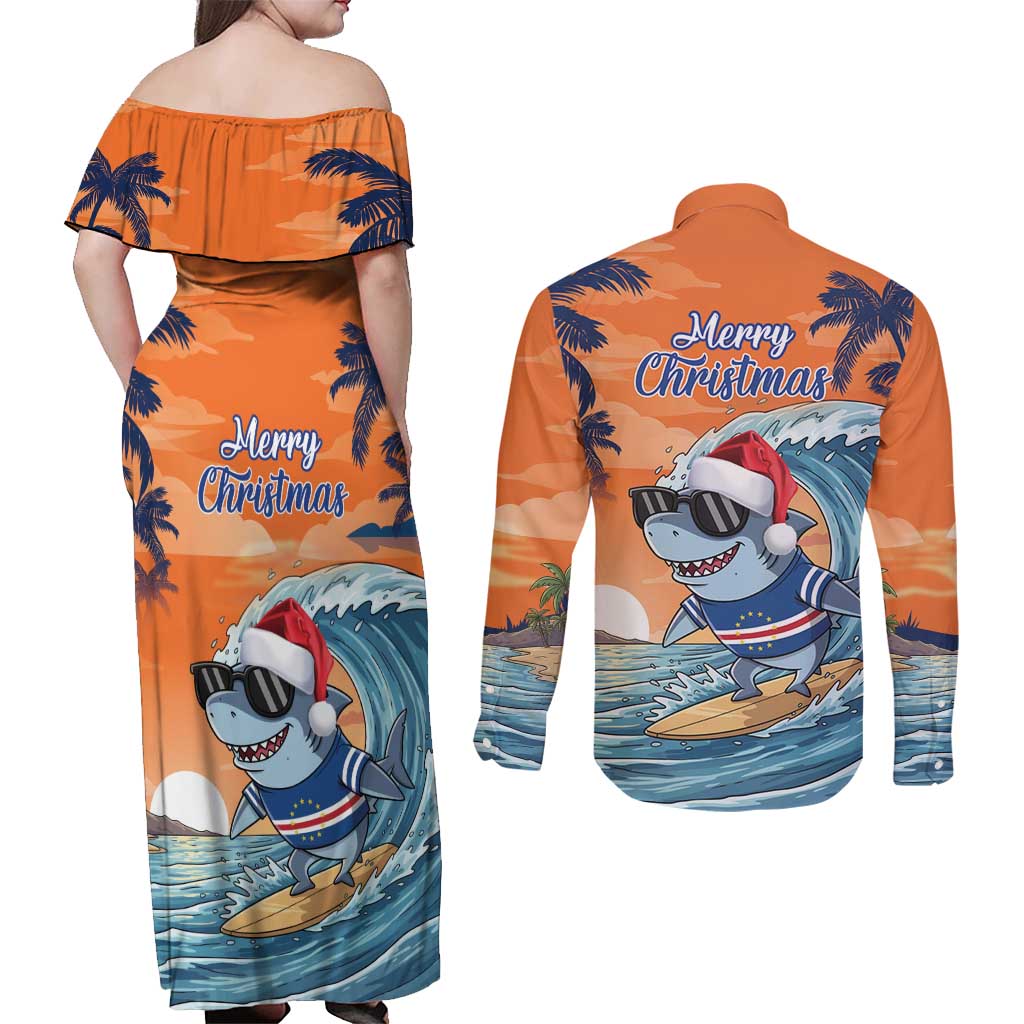 Cape Verde Christmas Couples Matching Off Shoulder Maxi Dress and Long Sleeve Button Shirt Shark Surfing Holiday Beach Style - Wonder Print Shop
