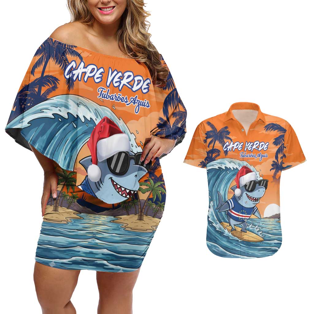 Cape Verde Christmas Couples Matching Off Shoulder Short Dress and Hawaiian Shirt Shark Surfing Holiday Beach Style - Wonder Print Shop