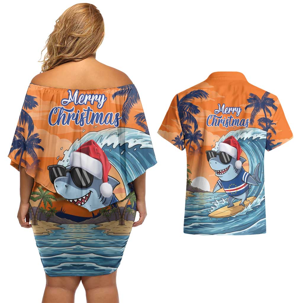 Cape Verde Christmas Couples Matching Off Shoulder Short Dress and Hawaiian Shirt Shark Surfing Holiday Beach Style - Wonder Print Shop
