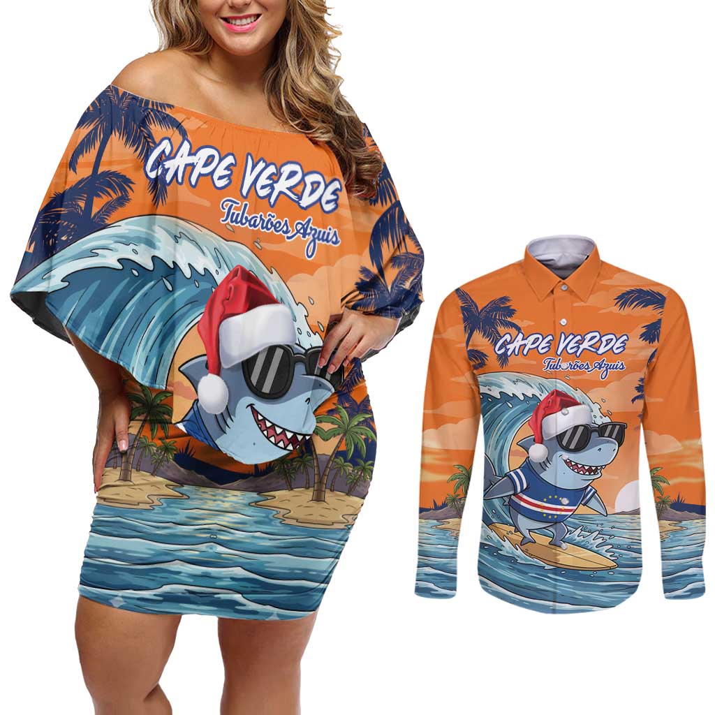 Cape Verde Christmas Couples Matching Off Shoulder Short Dress and Long Sleeve Button Shirt Shark Surfing Holiday Beach Style - Wonder Print Shop