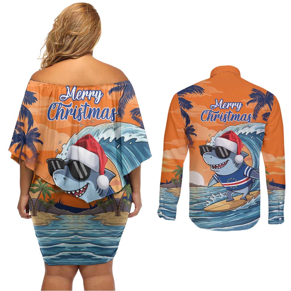 Cape Verde Christmas Couples Matching Off Shoulder Short Dress and Long Sleeve Button Shirt Shark Surfing Holiday Beach Style - Wonder Print Shop