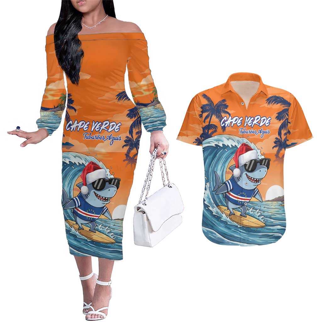 Cape Verde Christmas Couples Matching Off The Shoulder Long Sleeve Dress and Hawaiian Shirt Shark Surfing Holiday Beach Style - Wonder Print Shop