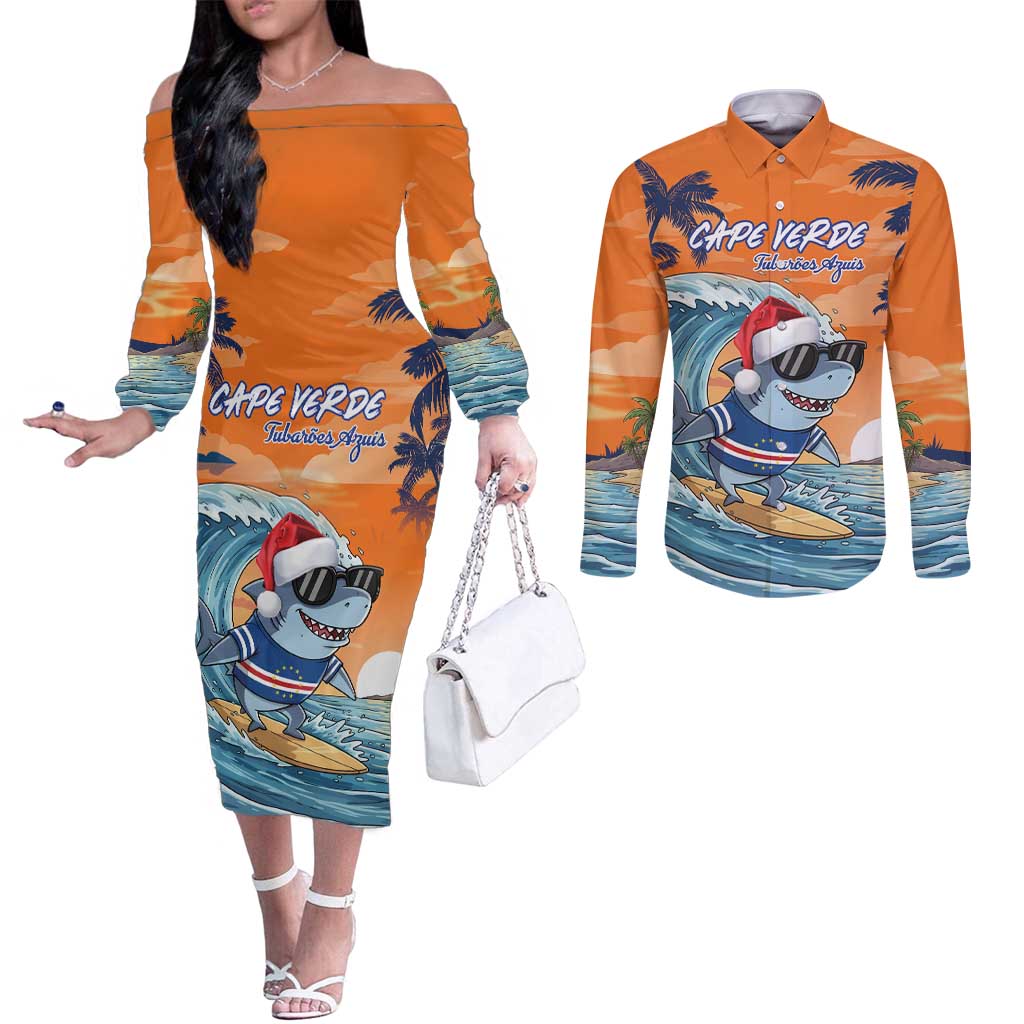 Cape Verde Christmas Couples Matching Off The Shoulder Long Sleeve Dress and Long Sleeve Button Shirt Shark Surfing Holiday Beach Style - Wonder Print Shop