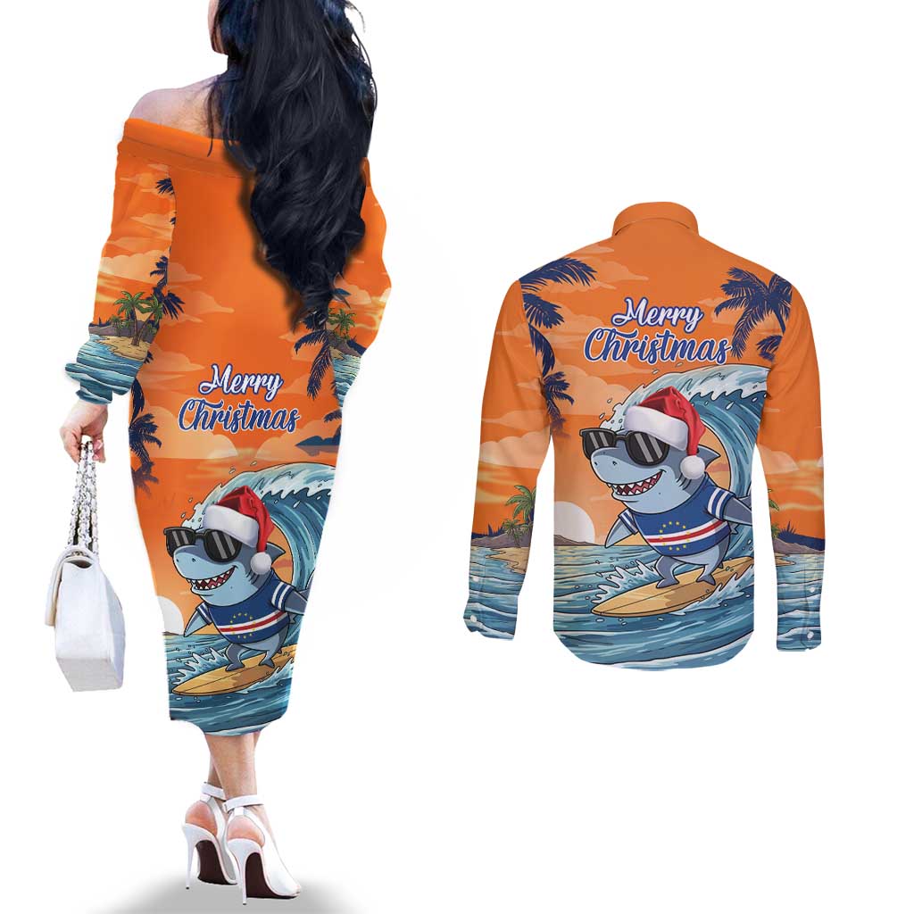 Cape Verde Christmas Couples Matching Off The Shoulder Long Sleeve Dress and Long Sleeve Button Shirt Shark Surfing Holiday Beach Style - Wonder Print Shop