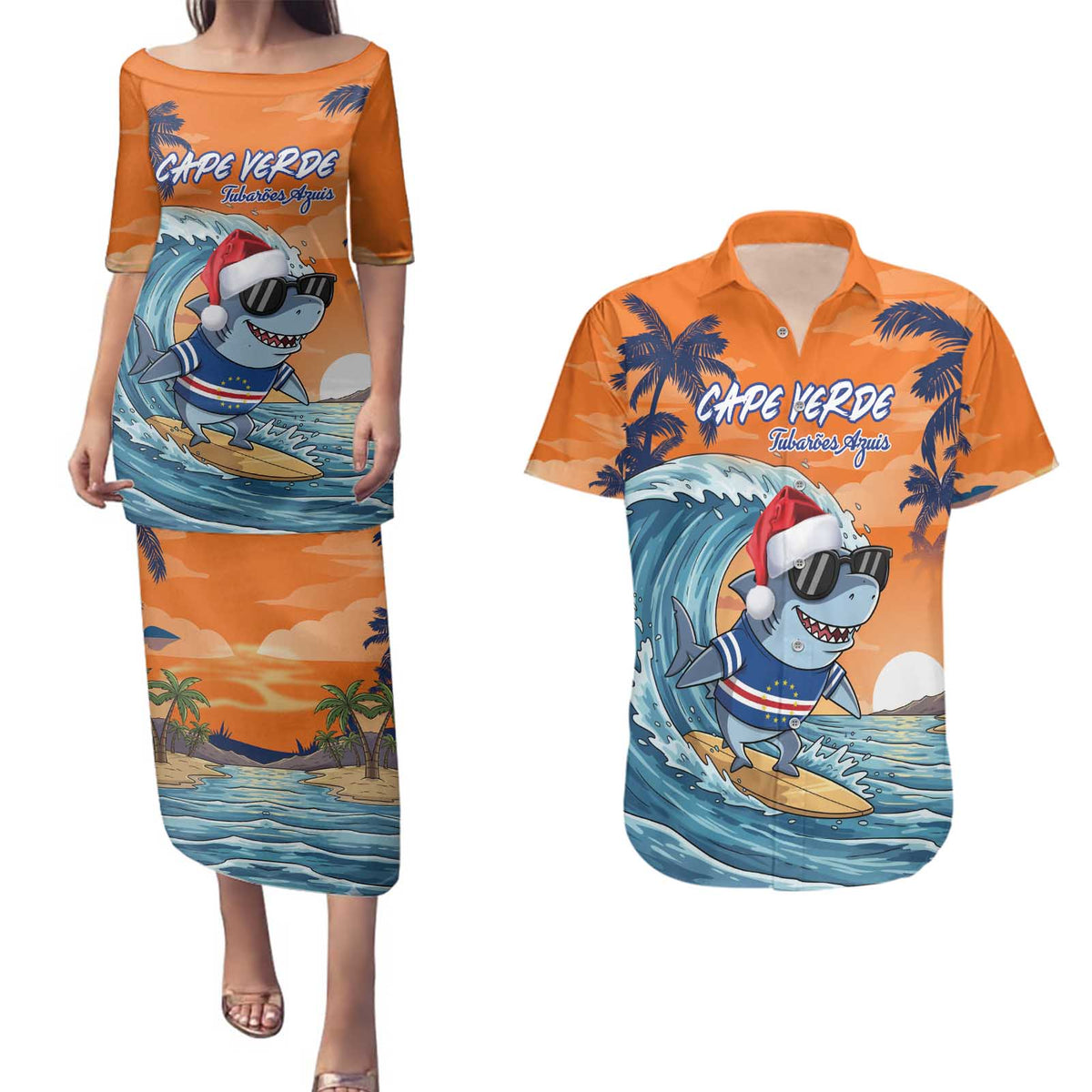 Cape Verde Christmas Couples Matching Puletasi and Hawaiian Shirt Shark Surfing Holiday Beach Style - Wonder Print Shop