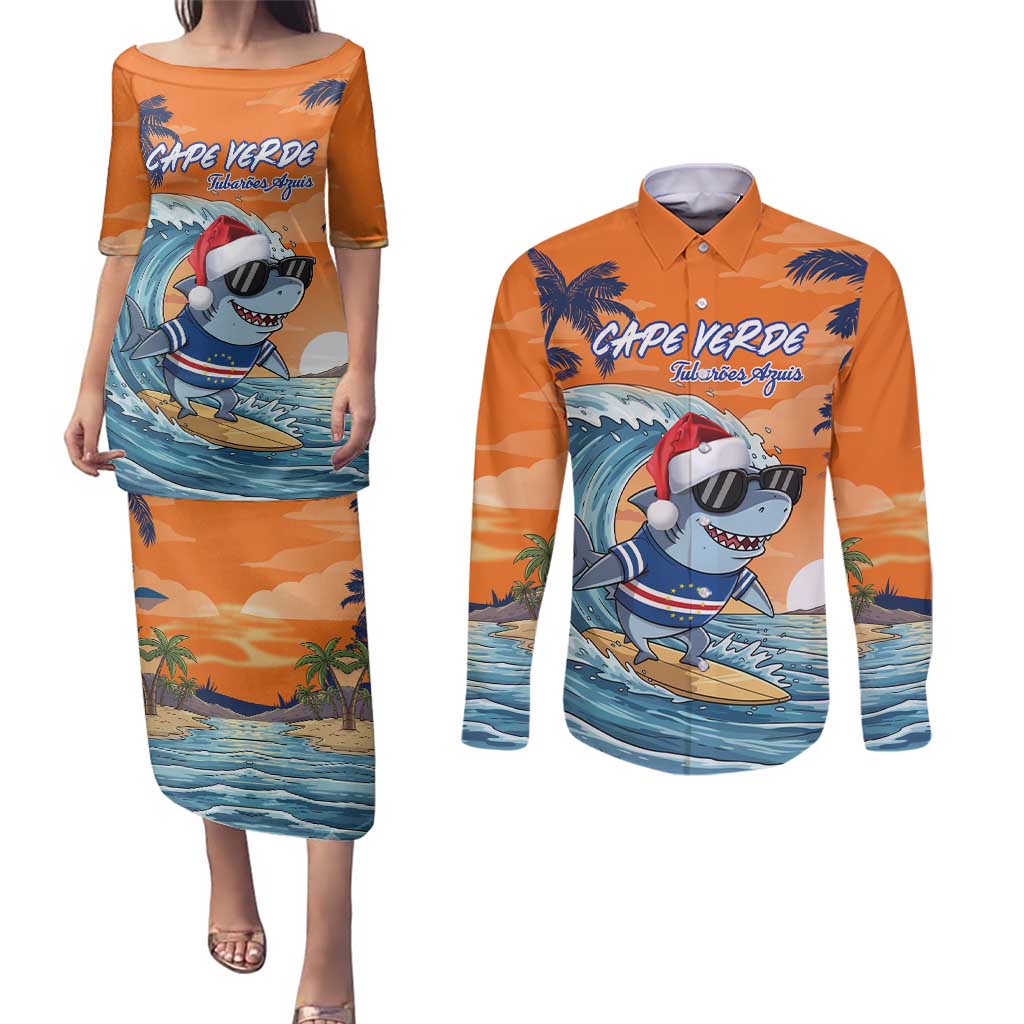 Cape Verde Christmas Couples Matching Puletasi and Long Sleeve Button Shirt Shark Surfing Holiday Beach Style - Wonder Print Shop