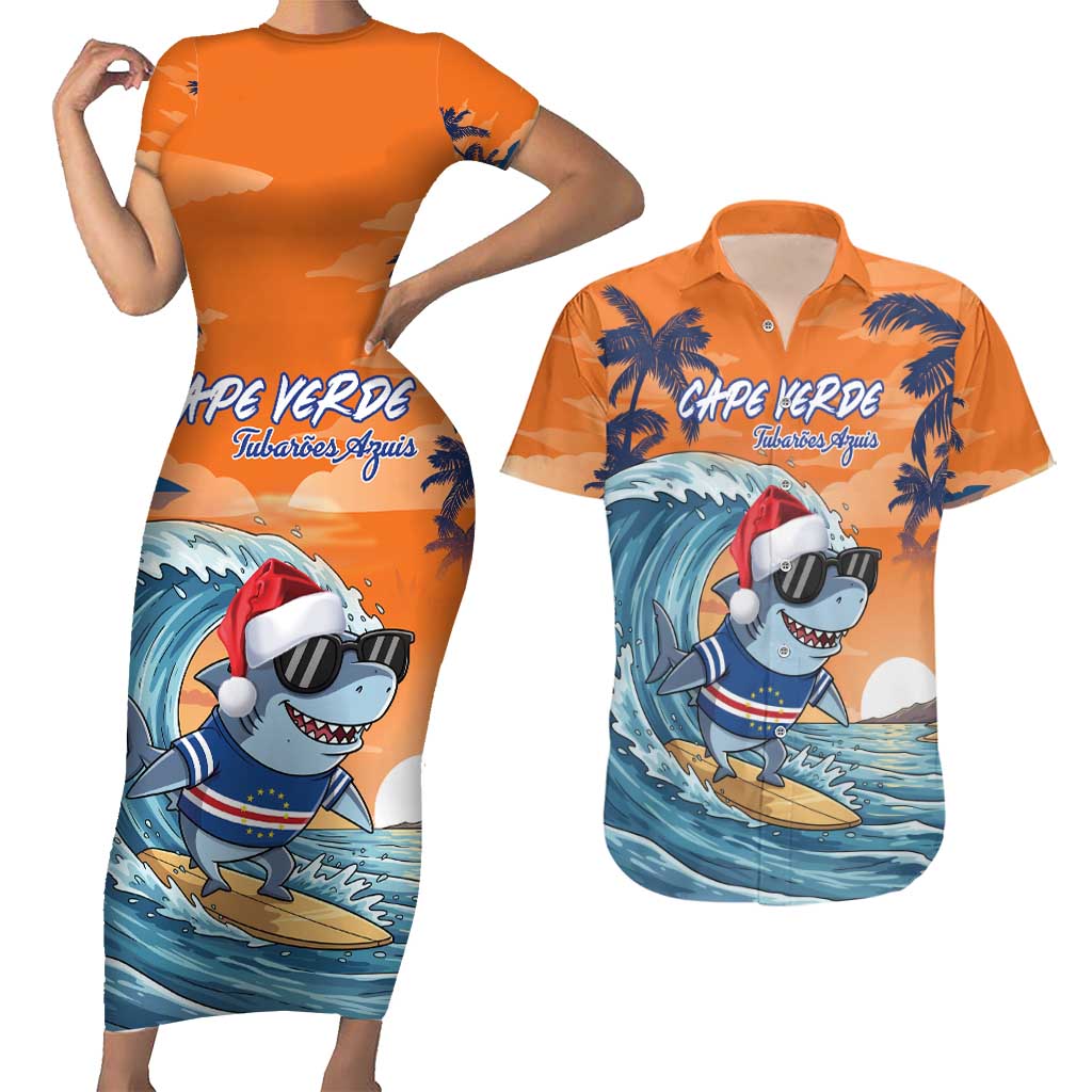 Cape Verde Christmas Couples Matching Short Sleeve Bodycon Dress and Hawaiian Shirt Shark Surfing Holiday Beach Style - Wonder Print Shop