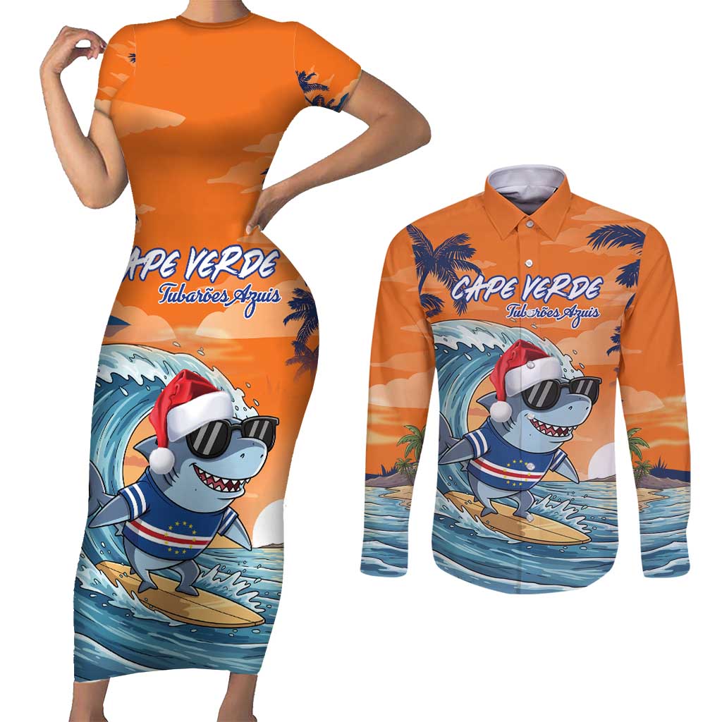 Cape Verde Christmas Couples Matching Short Sleeve Bodycon Dress and Long Sleeve Button Shirt Shark Surfing Holiday Beach Style - Wonder Print Shop