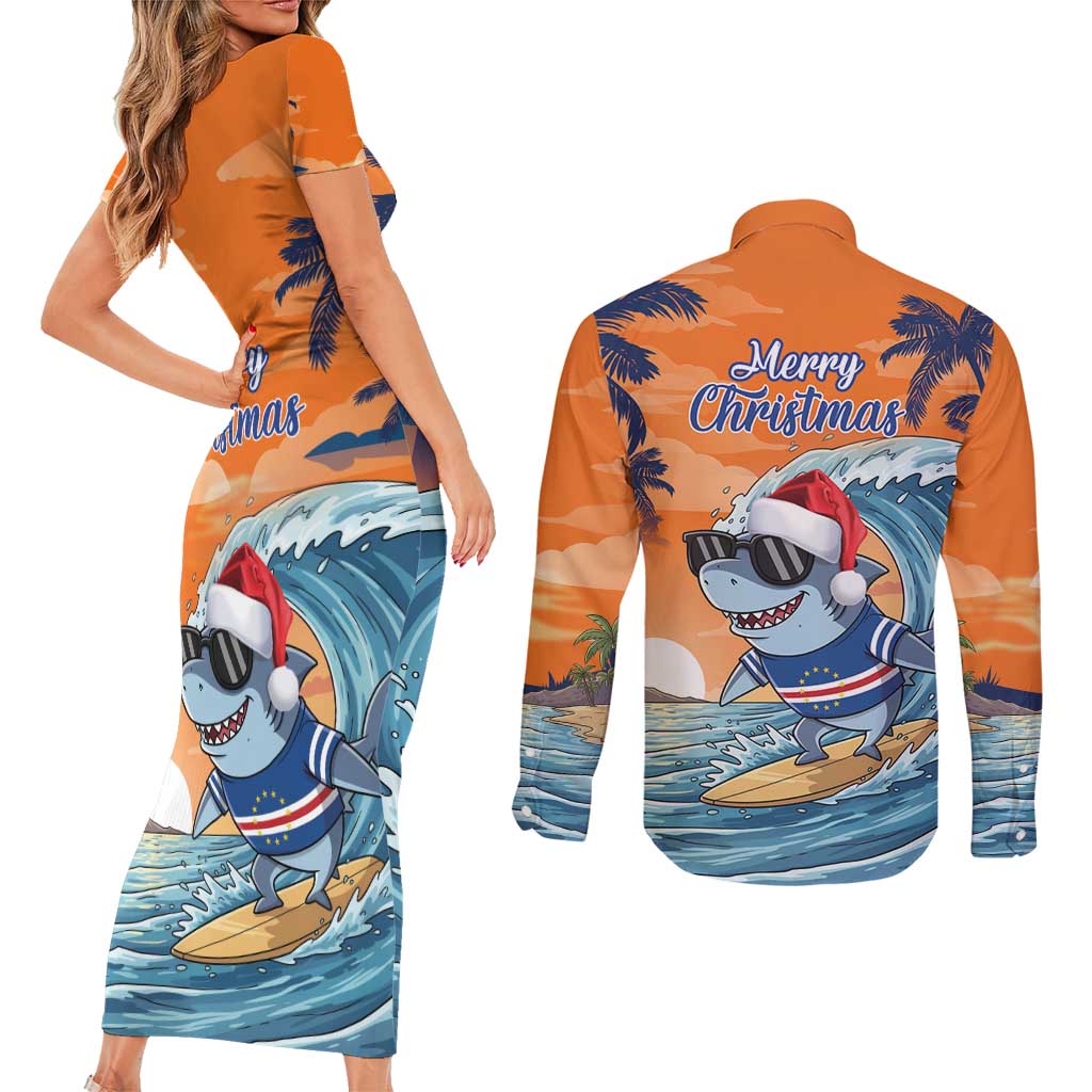 Cape Verde Christmas Couples Matching Short Sleeve Bodycon Dress and Long Sleeve Button Shirt Shark Surfing Holiday Beach Style - Wonder Print Shop