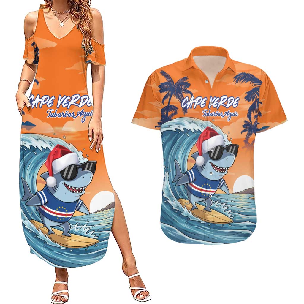 Cape Verde Christmas Couples Matching Summer Maxi Dress and Hawaiian Shirt Shark Surfing Holiday Beach Style - Wonder Print Shop