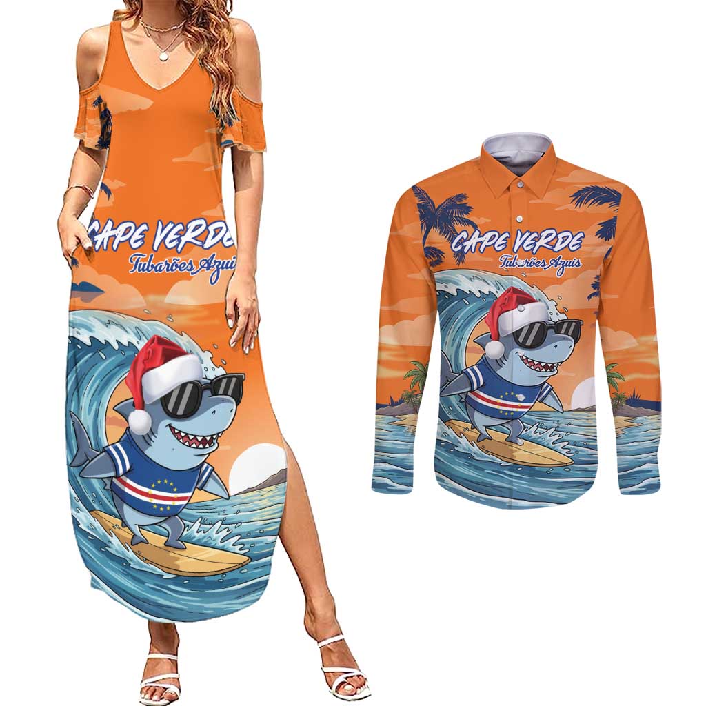 Cape Verde Christmas Couples Matching Summer Maxi Dress and Long Sleeve Button Shirt Shark Surfing Holiday Beach Style - Wonder Print Shop